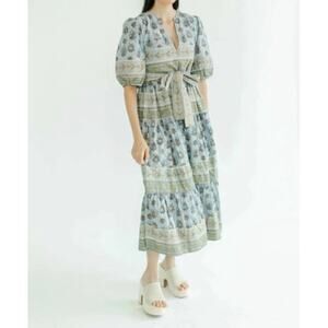 Victoria Dunn 100% cotton made in india midi dress blue green gold floral sz Xs